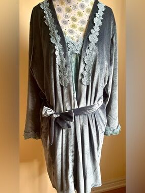 Women's Lace Trim Slip Dress - Teal Blue 2pcs Set